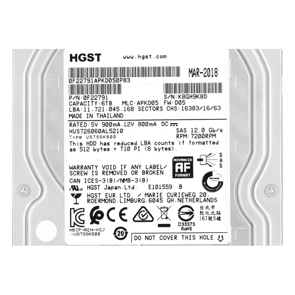 HUS726060AL5210 HARD DRIVE HGST 6TB 3,5” 7,2K SAS F22791, HUS726060AL5210